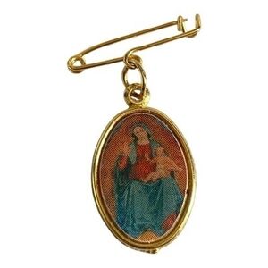 Vintage Gold Plated Virgin Mary Baby Jesus Oval Pendant Pin Vatican Italy NWOT